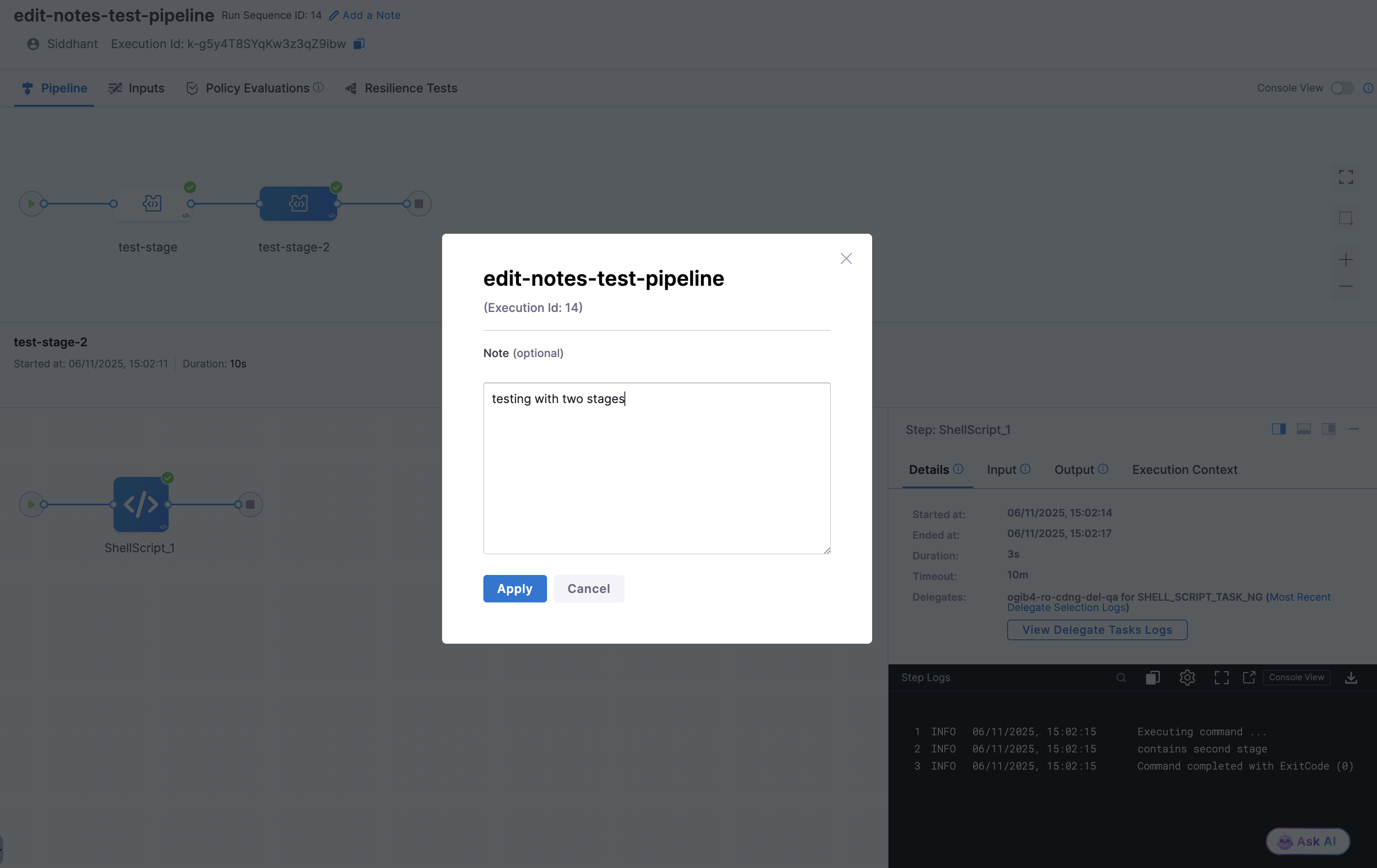 notes for two stages pipeline execution